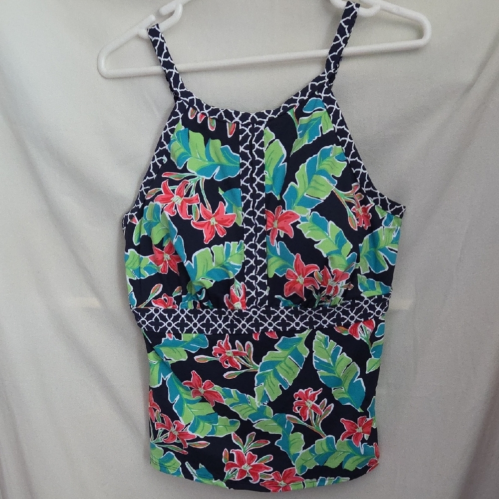 Lands End Navy and Tropical Floral Print Tankini Swim Top Size 16w